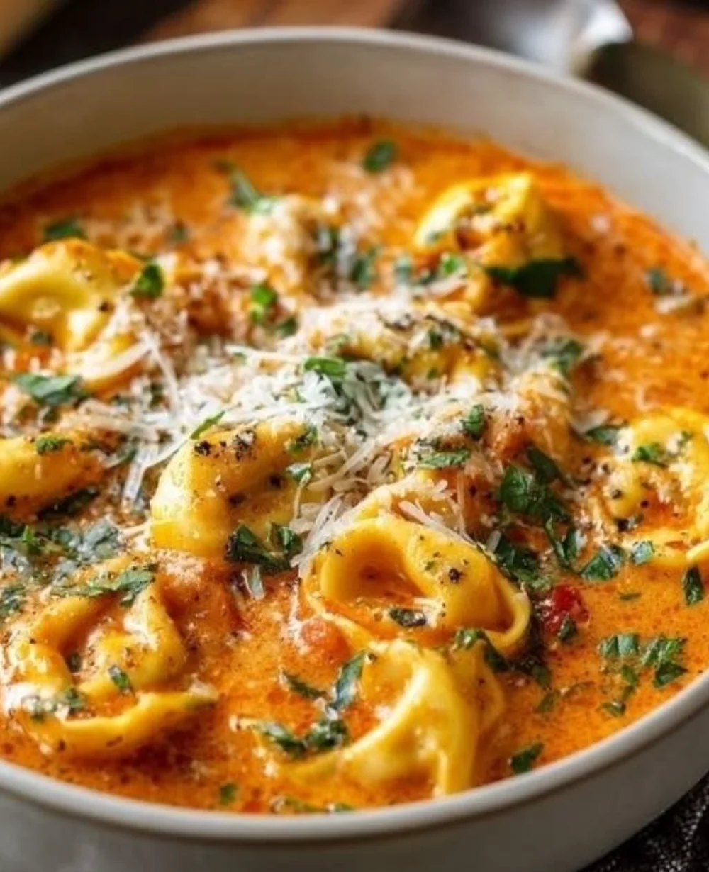 Bowl of creamy tomato tortellini soup topped with fresh herbs and cheese
