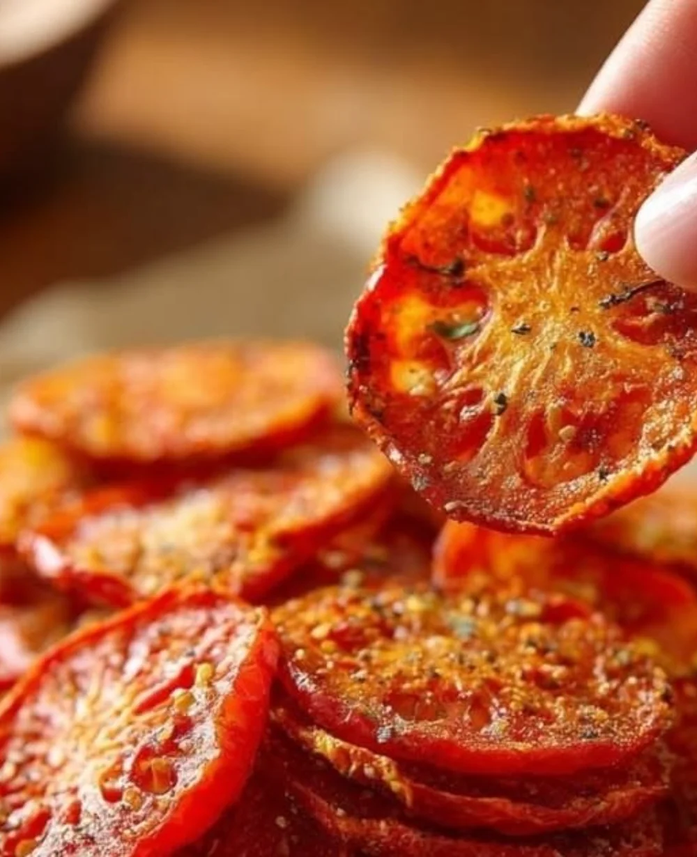 Delicious air-fried tomato chips ready to savor the taste of summer