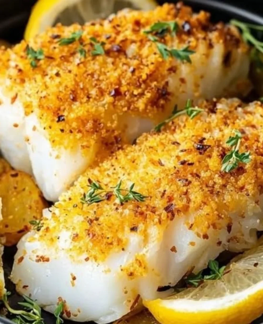 Crispy air fryer cod served on a plate with lemon and herbs.