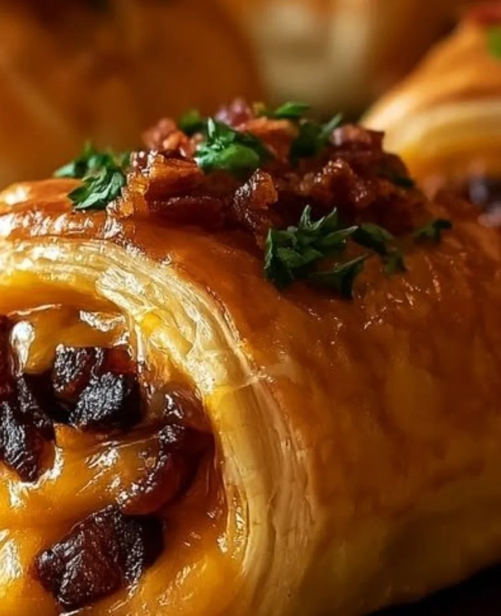 Crispy bacon cheeseburger garlic roll-ups on a plate, ready to enjoy.