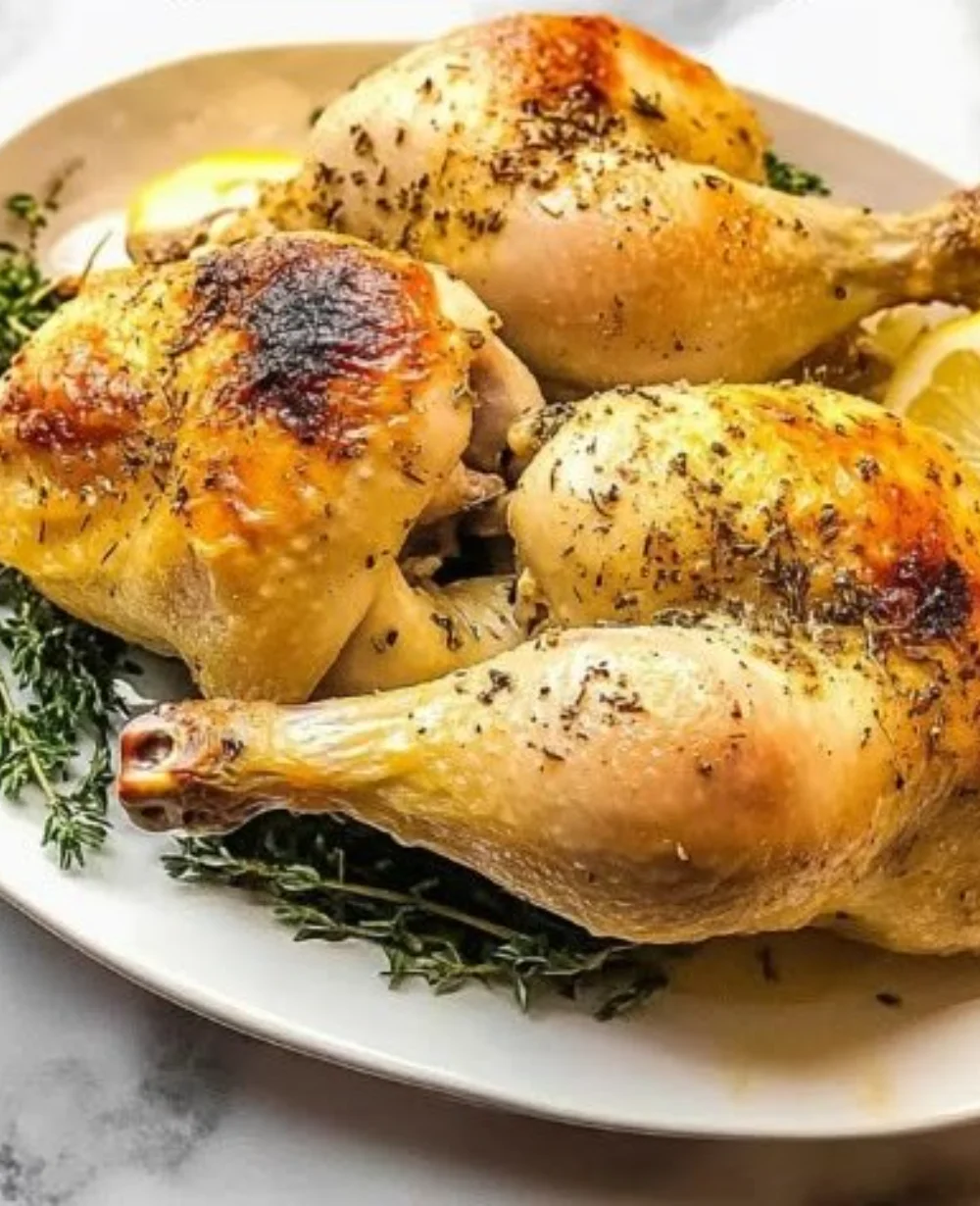 Crispy, juicy roasted half chicken served with herbs and sides