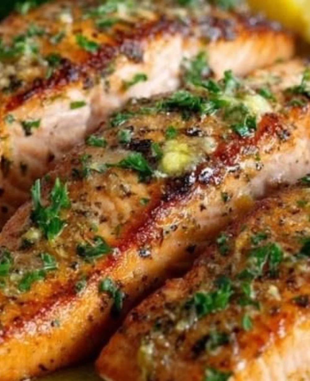 Crispy pan fried salmon served with lemon butter and garlic
