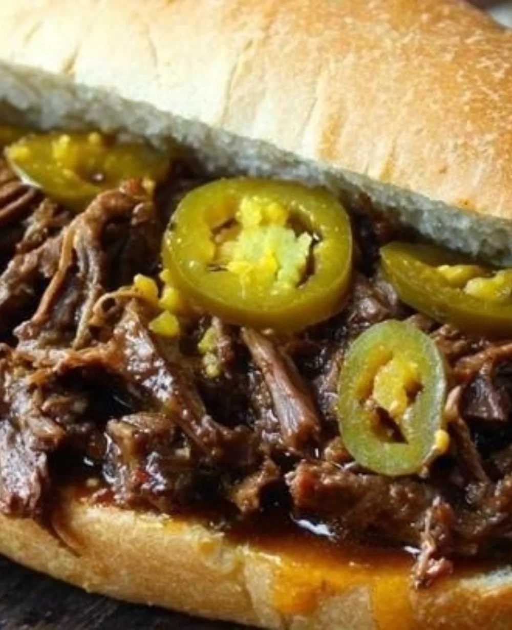 Delicious Crockpot Italian Beef served in a warm bun with toppings