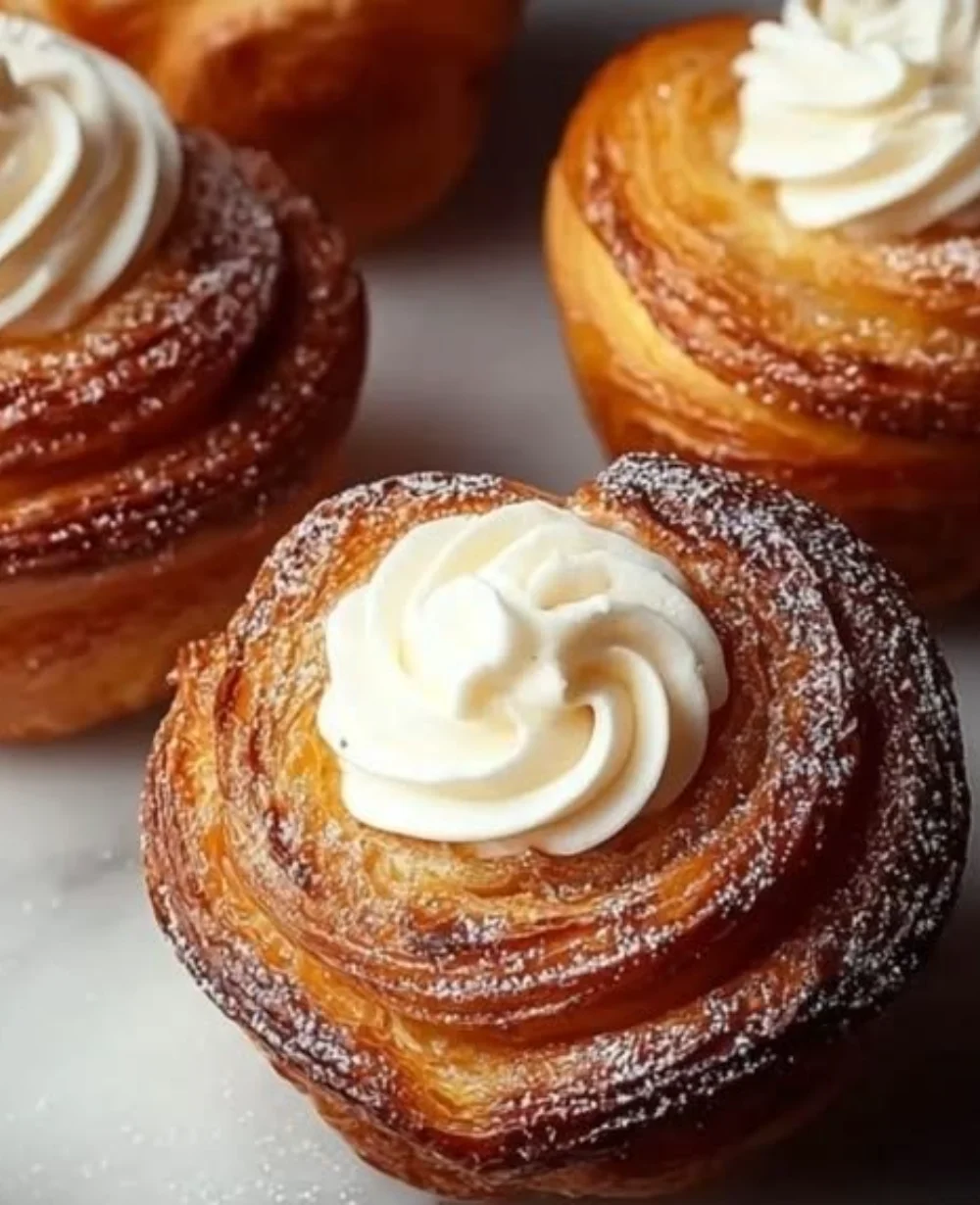 Freshly baked cruffins with filling and flaky layers on display.