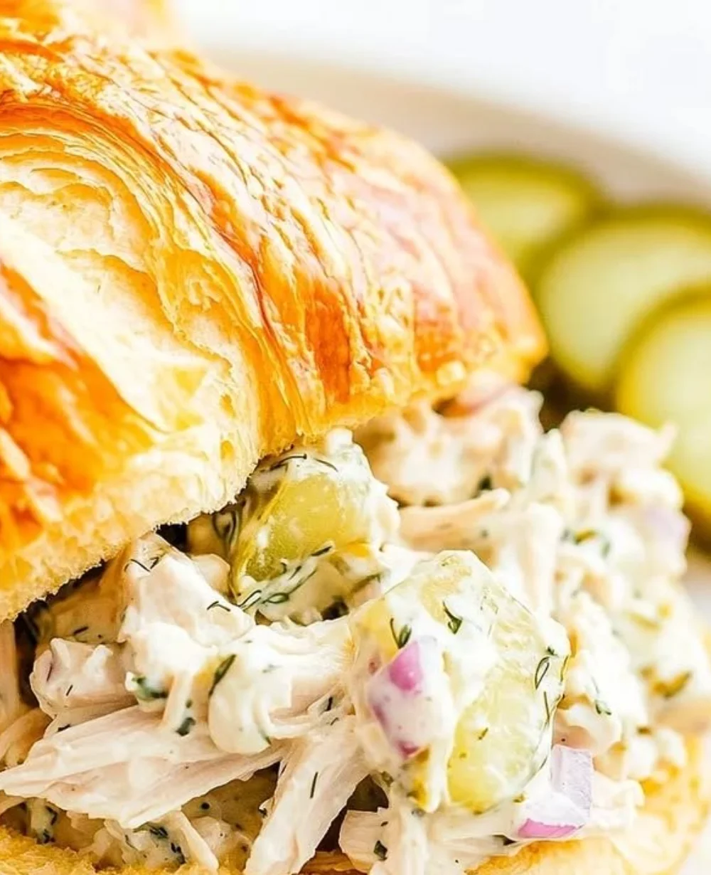 Delicious bowl of Crunchy Dill Pickle Chicken Salad with fresh ingredients