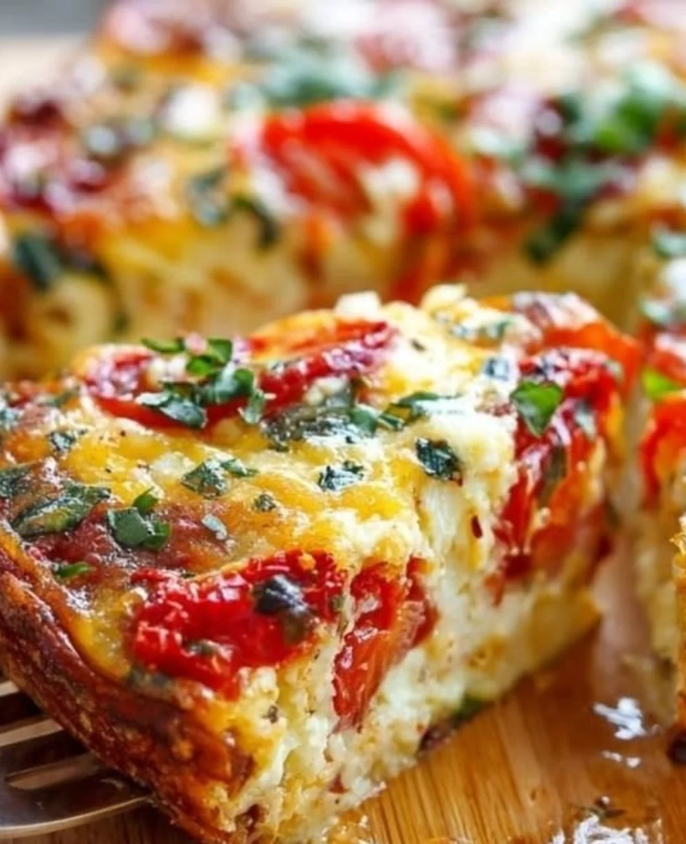 A slice of crustless tomato pie garnished with fresh herbs and cheese.