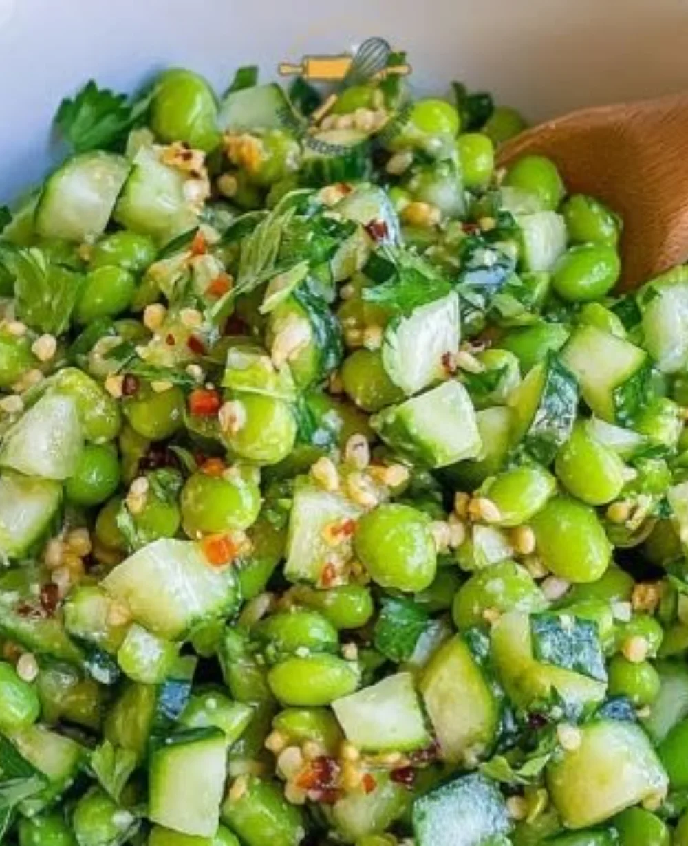 Fresh Cucumber Edamame Salad in a bowl with colorful vegetables