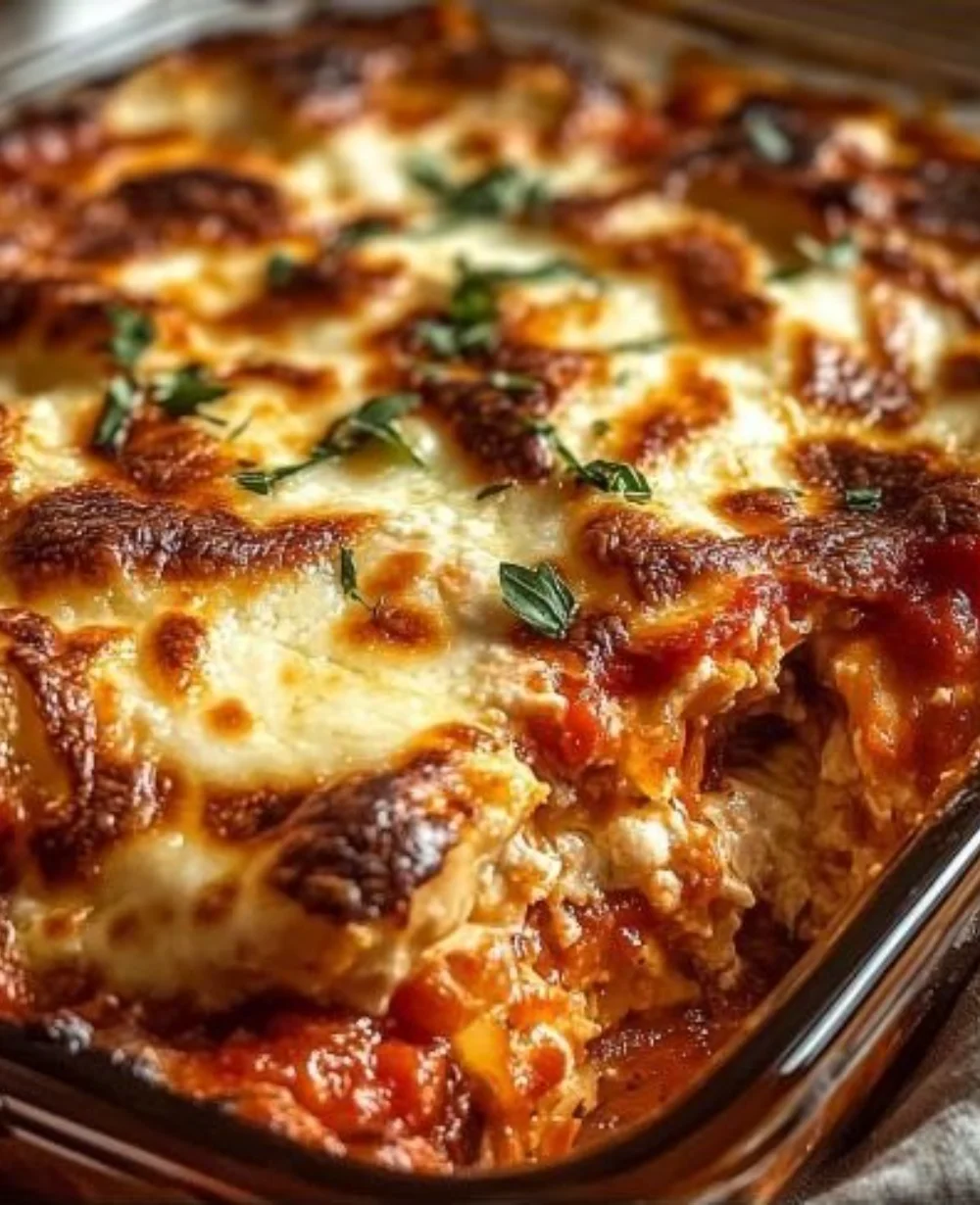 Delicious chicken parmesan casserole served in a dish for family dinner.