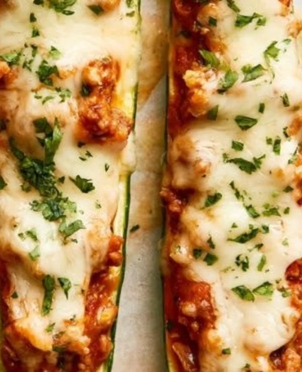 Easy cheesy stuffed zucchini boats topped with melted cheese and fresh herbs