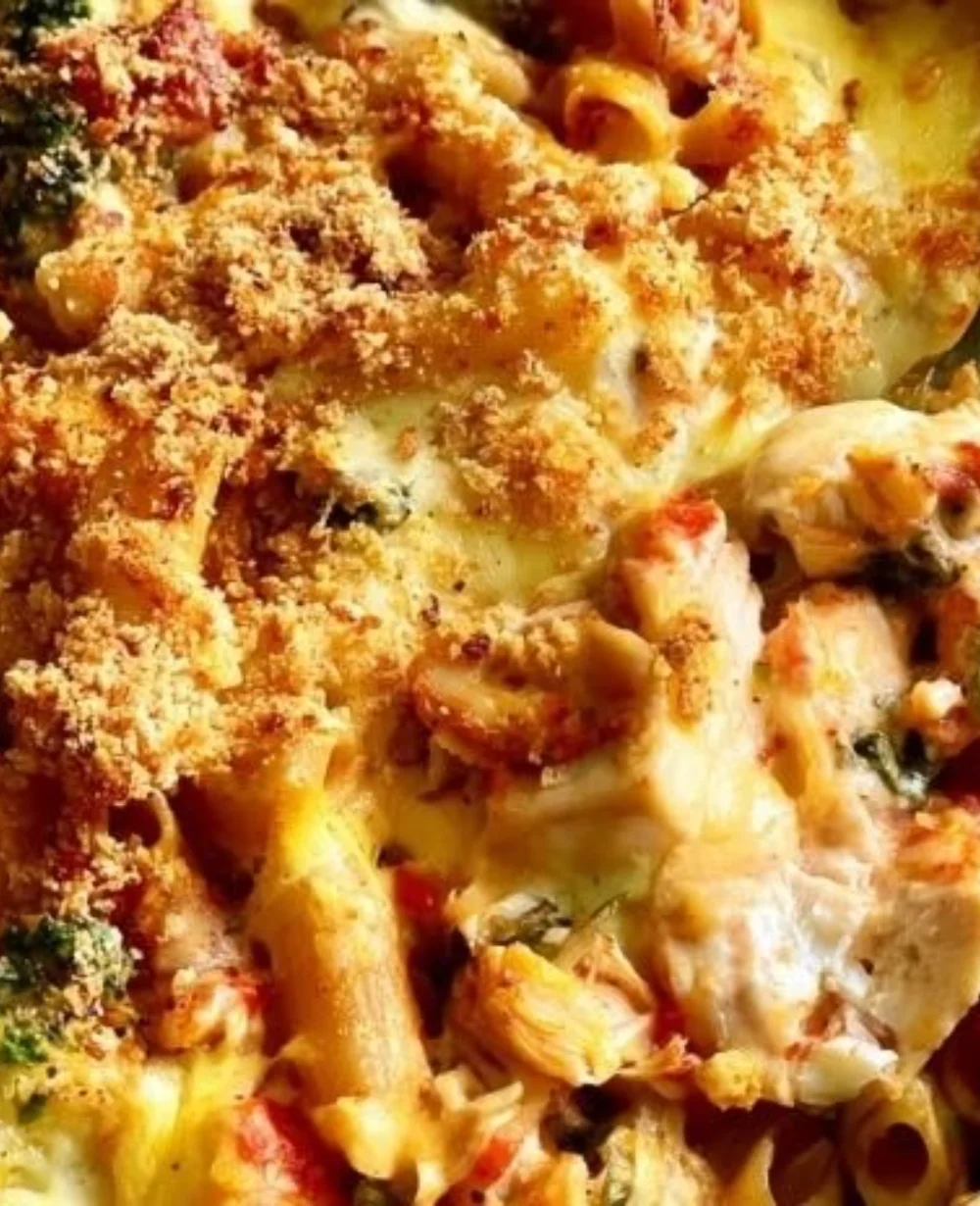 Delicious easy chicken pasta bake fresh out of the oven