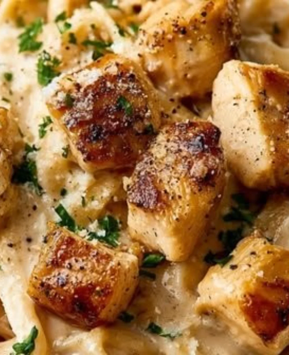 Easy Cowboy Butter Chicken Linguine served with fresh herbs and pasta