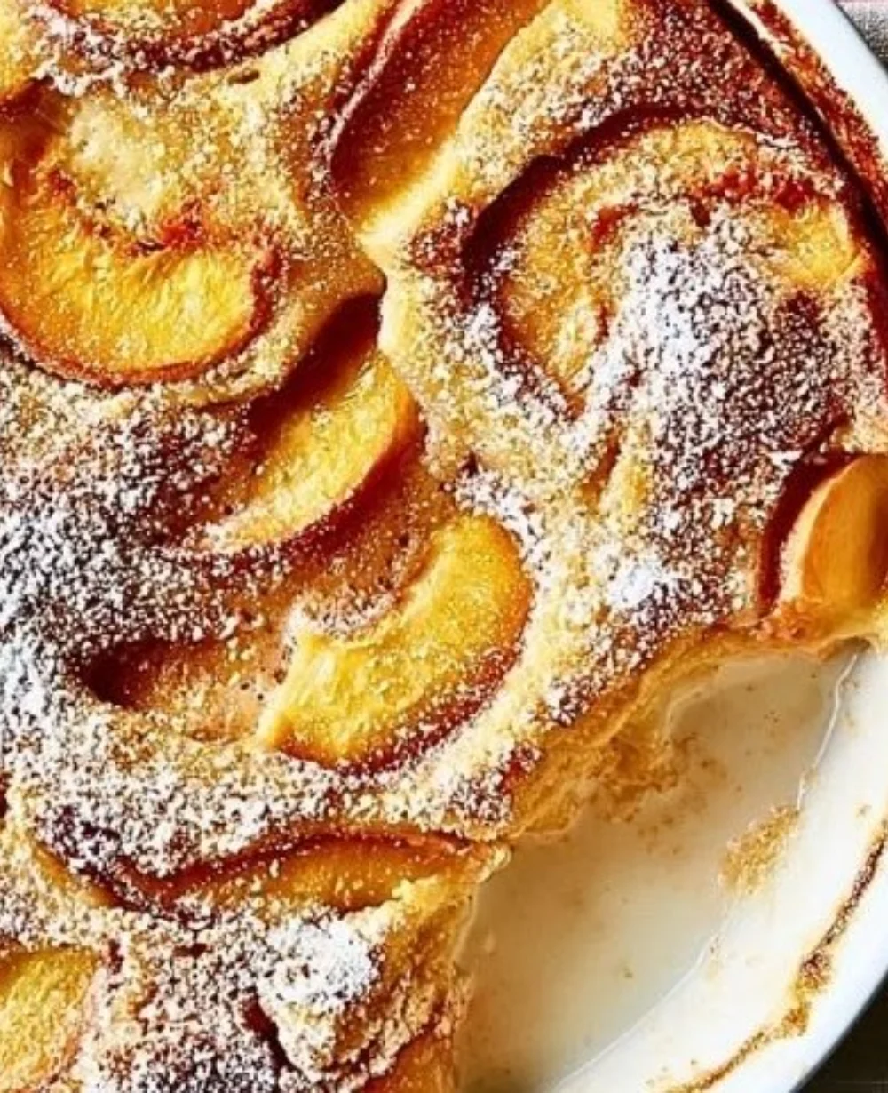 Fresh peach clafoutis dessert with sliced peaches on top