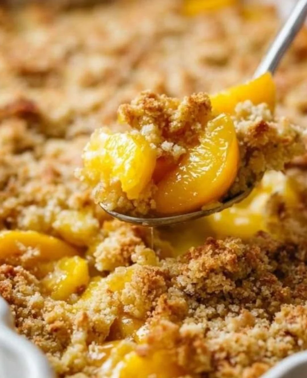 Easy Keto Peach Cobbler with a golden crumble topping