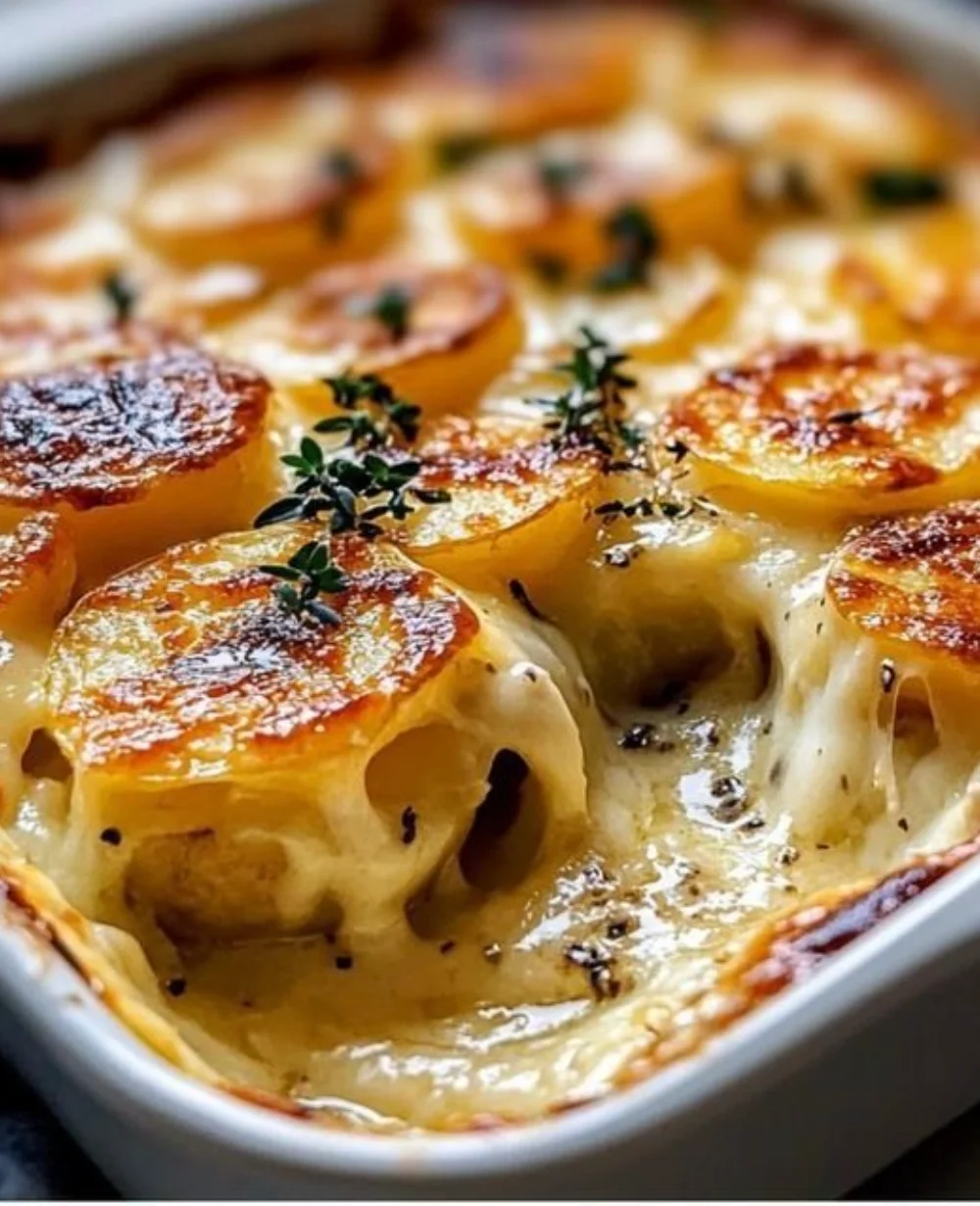 Delicious homemade potato gratin topped with cheese and herbs.
