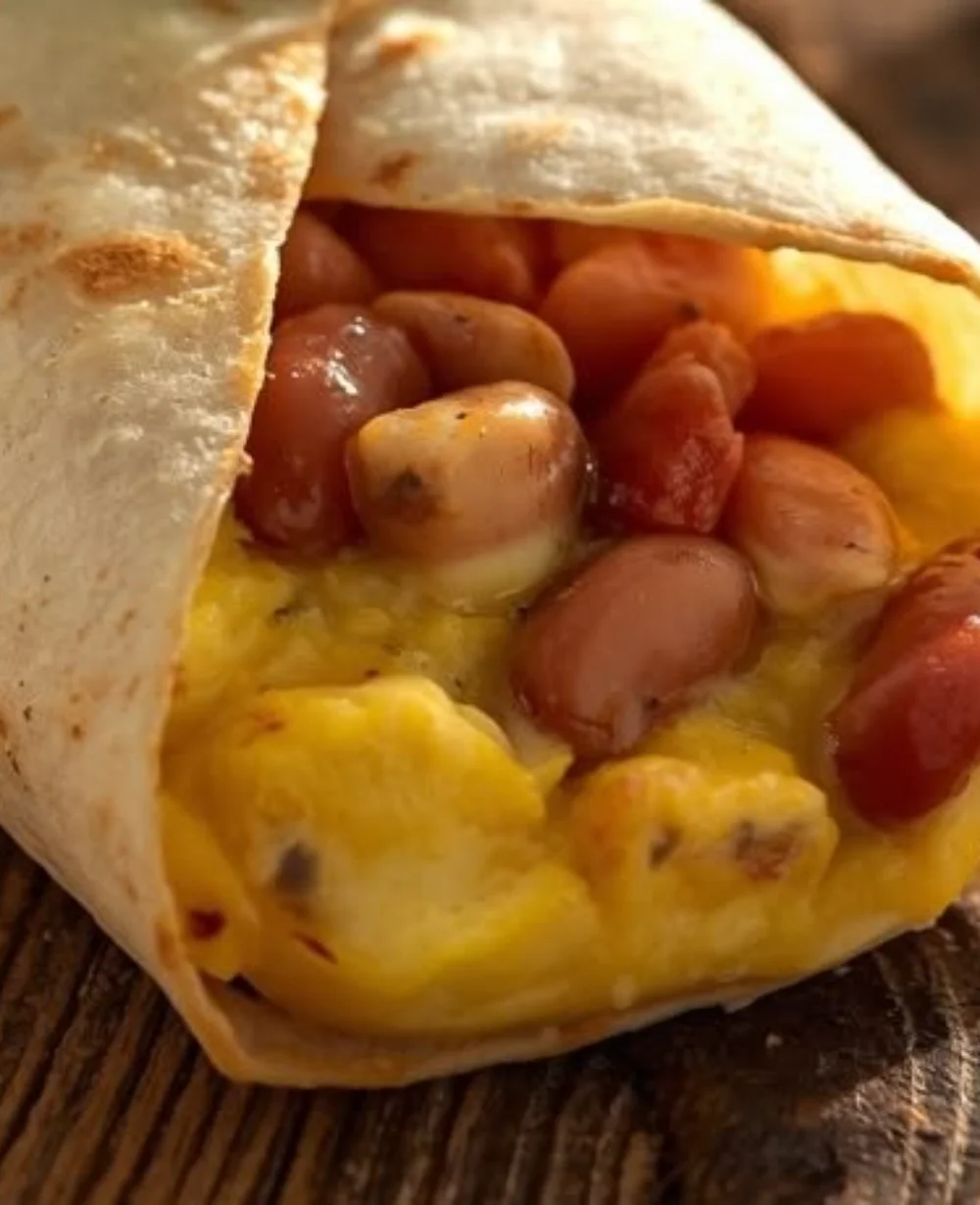 Delicious egg and bean breakfast burrito filled with fresh ingredients.