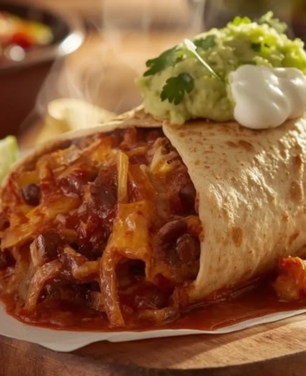 Enchilada style bean burrito topped with rich sauce and fresh toppings
