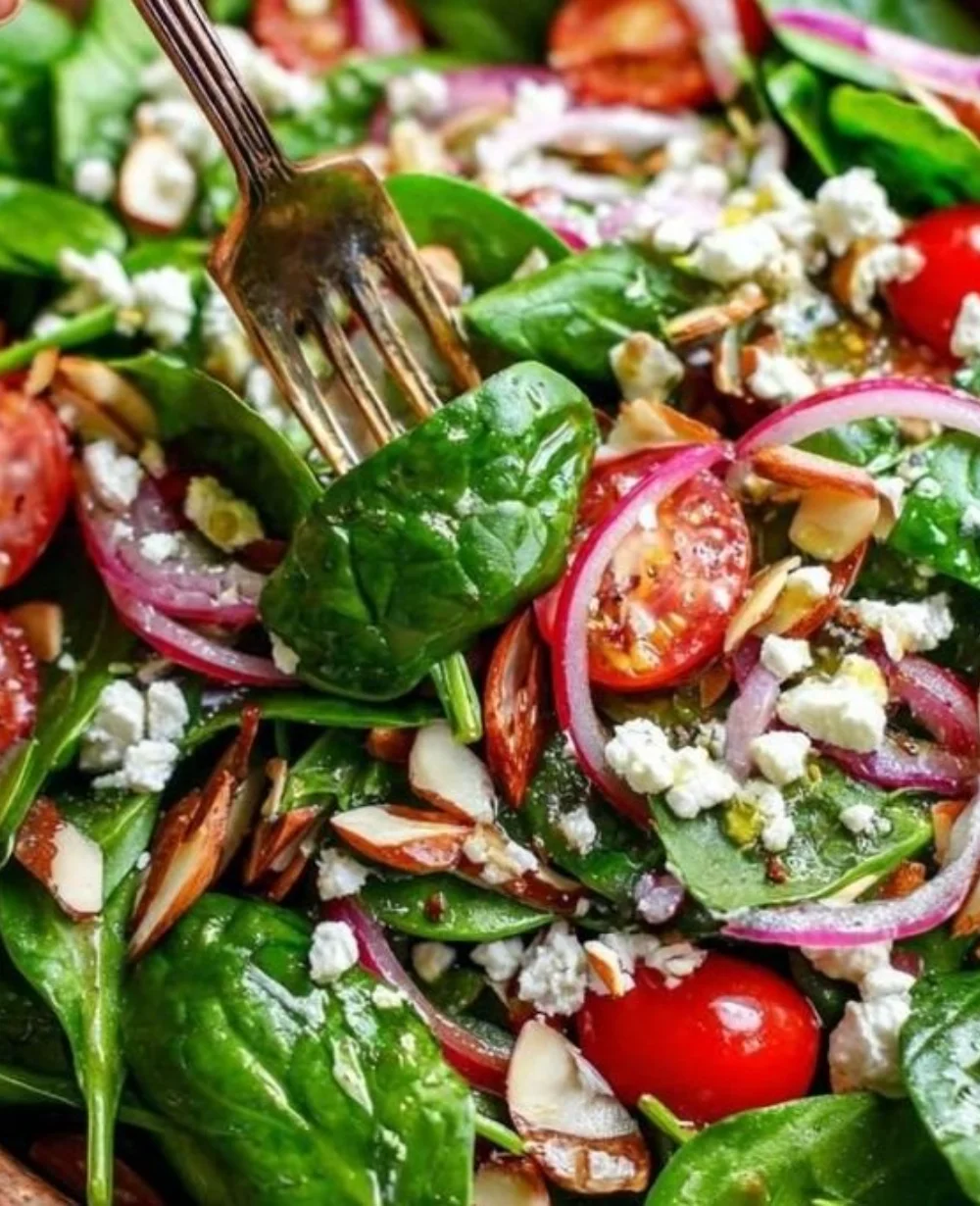 Fresh spinach salad topped with a simple vinaigrette dressing and vegetables