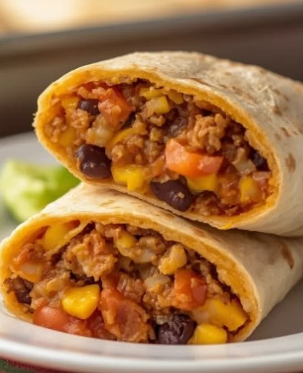 Delicious homemade refried bean burritos with fresh toppings on a plate