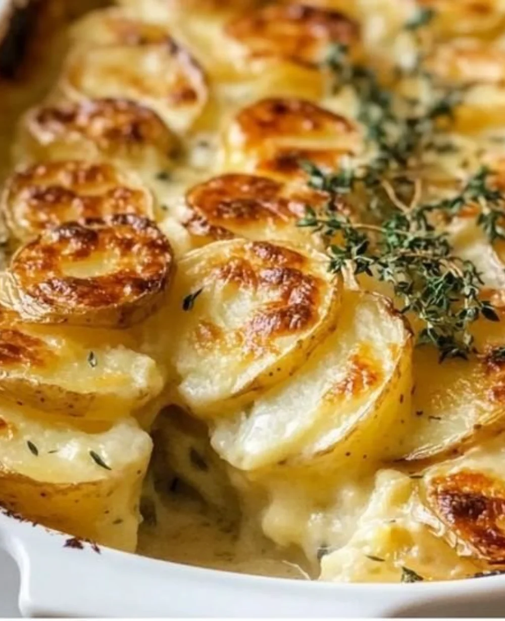 Golden creamy scalloped potatoes baked to perfection for comfort food bliss