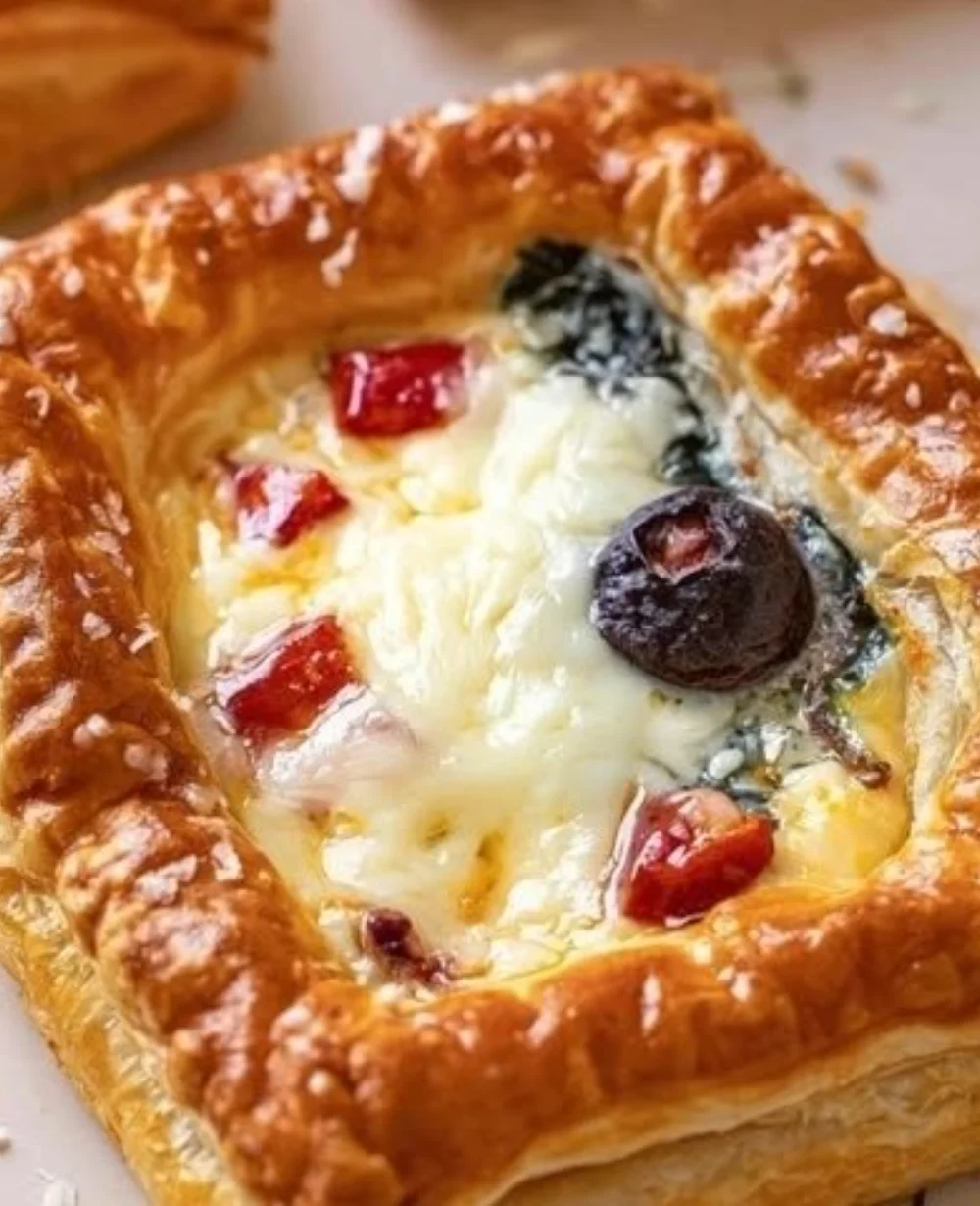 Golden puff pastry tart topped with fresh ingredients and herbs