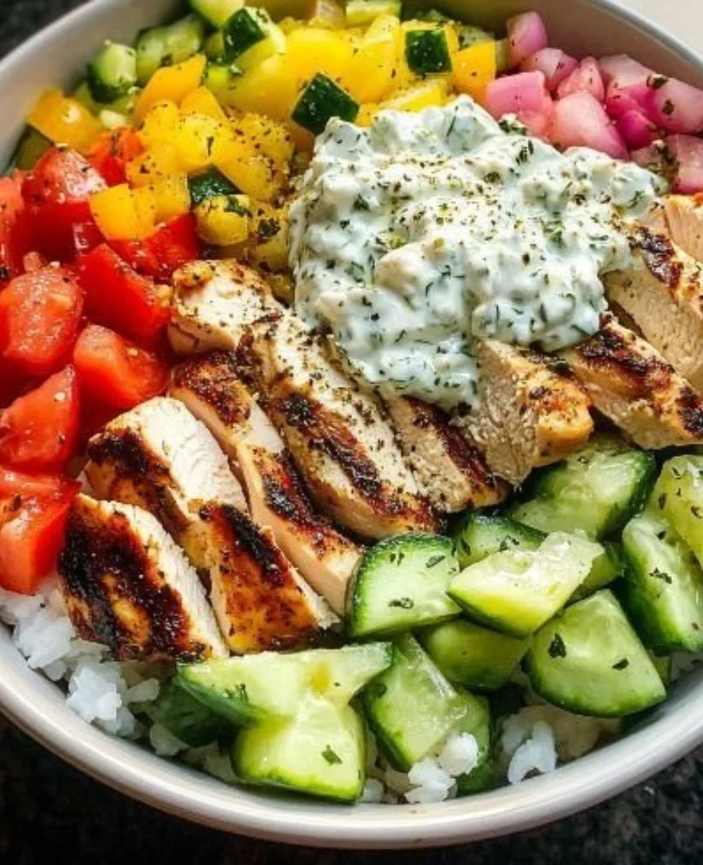 Delicious and customizable Greek chicken bowl with fresh ingredients