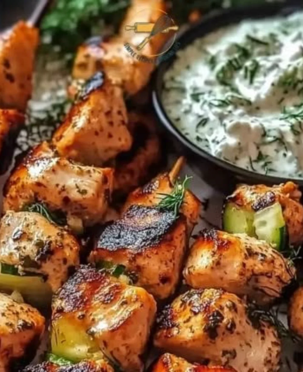 Grilled Greek chicken souvlaki skewers served with fresh vegetables