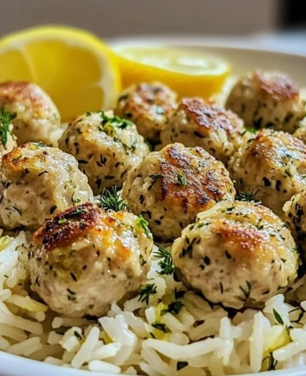 Greek Turkey Meatballs with Lemon Herb Rice on a plate ready to serve.