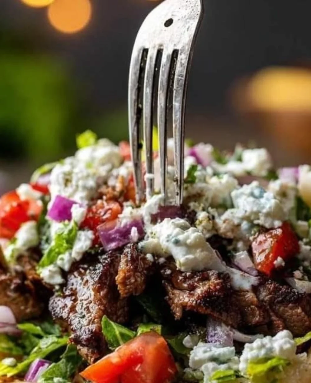 Grilled beef gyro with herbs and pita bread, showcasing juicy slices of beef