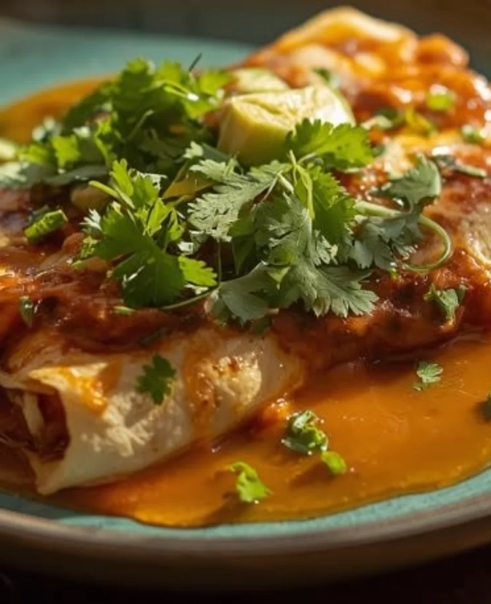 Plate of flavorful Hatch Chile Chicken Enchiladas topped with cheese and sauce