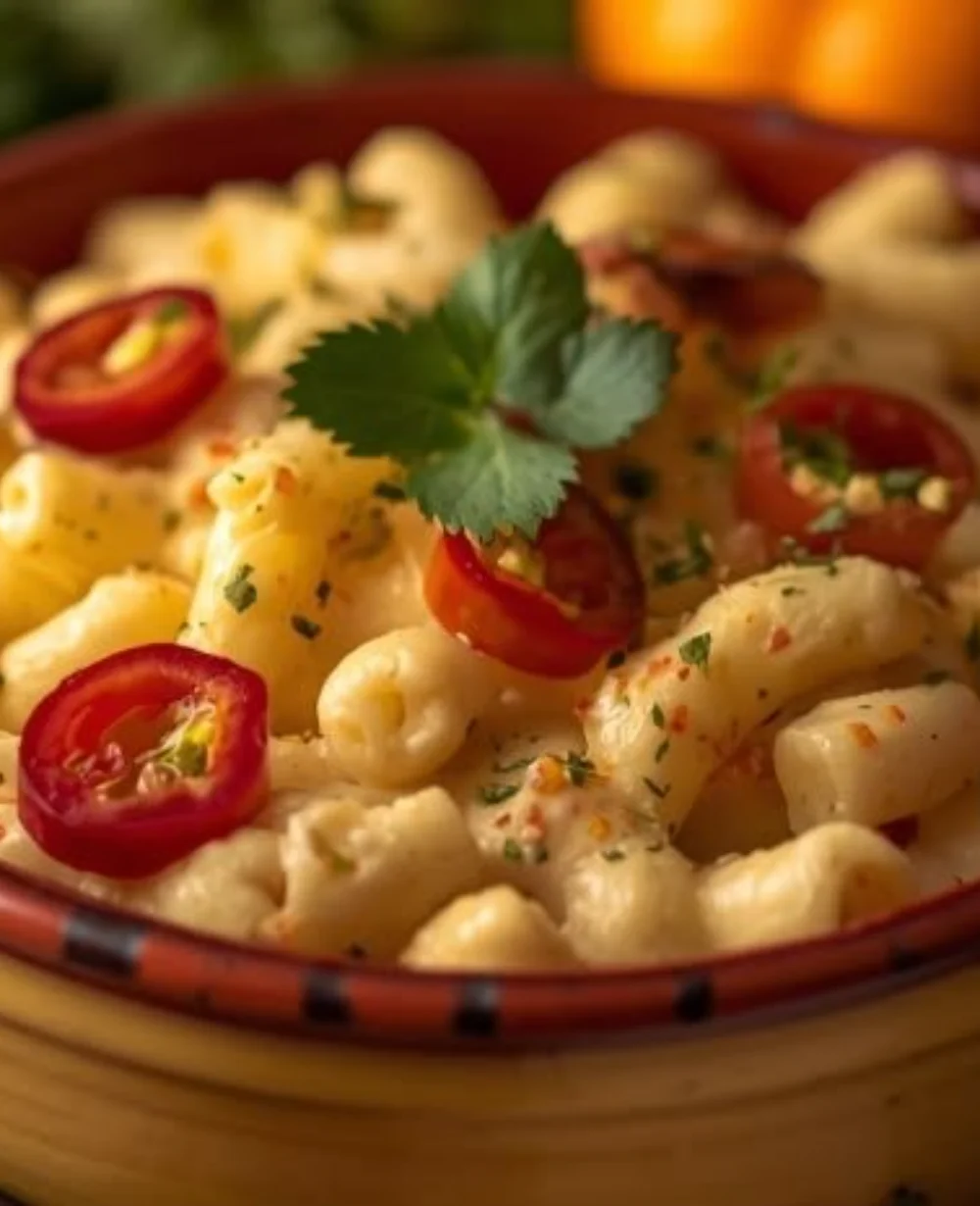 Delicious Hatch Chile Mac and Cheese served in a bowl