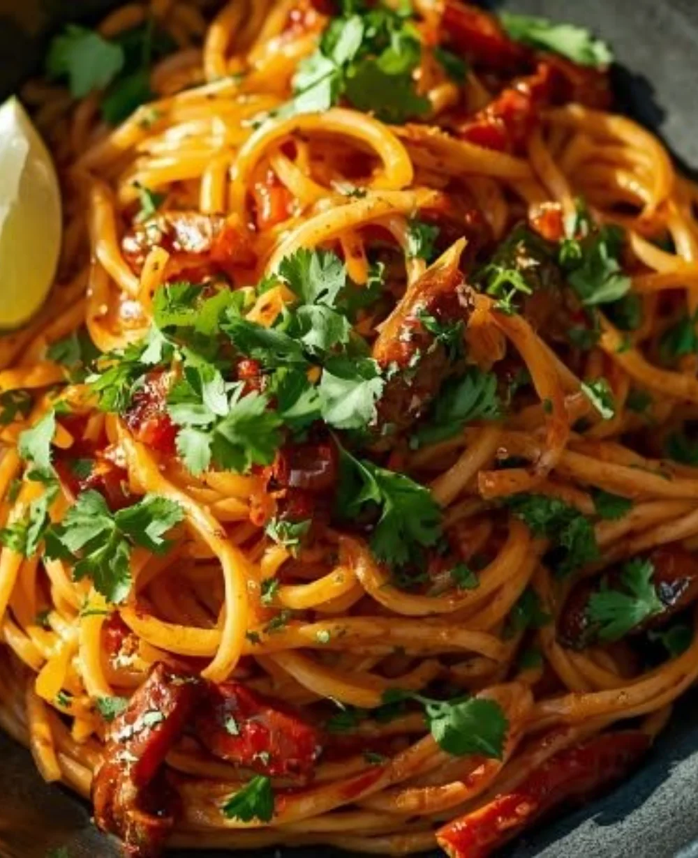 Delicious homemade Hatch Chile Pasta topped with fresh herbs and spices