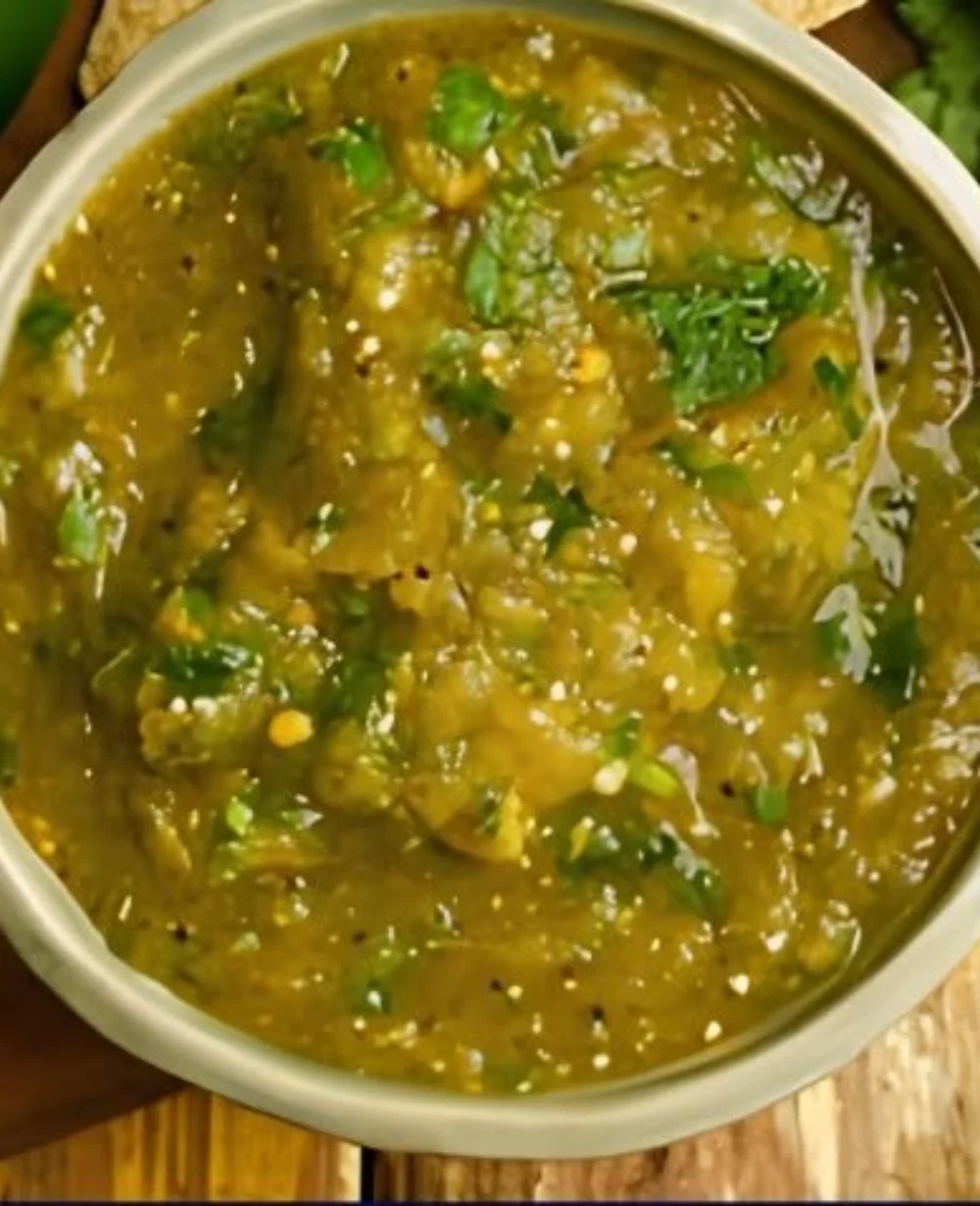 A bowl of Hatch Chile Salsa served with tortilla chips