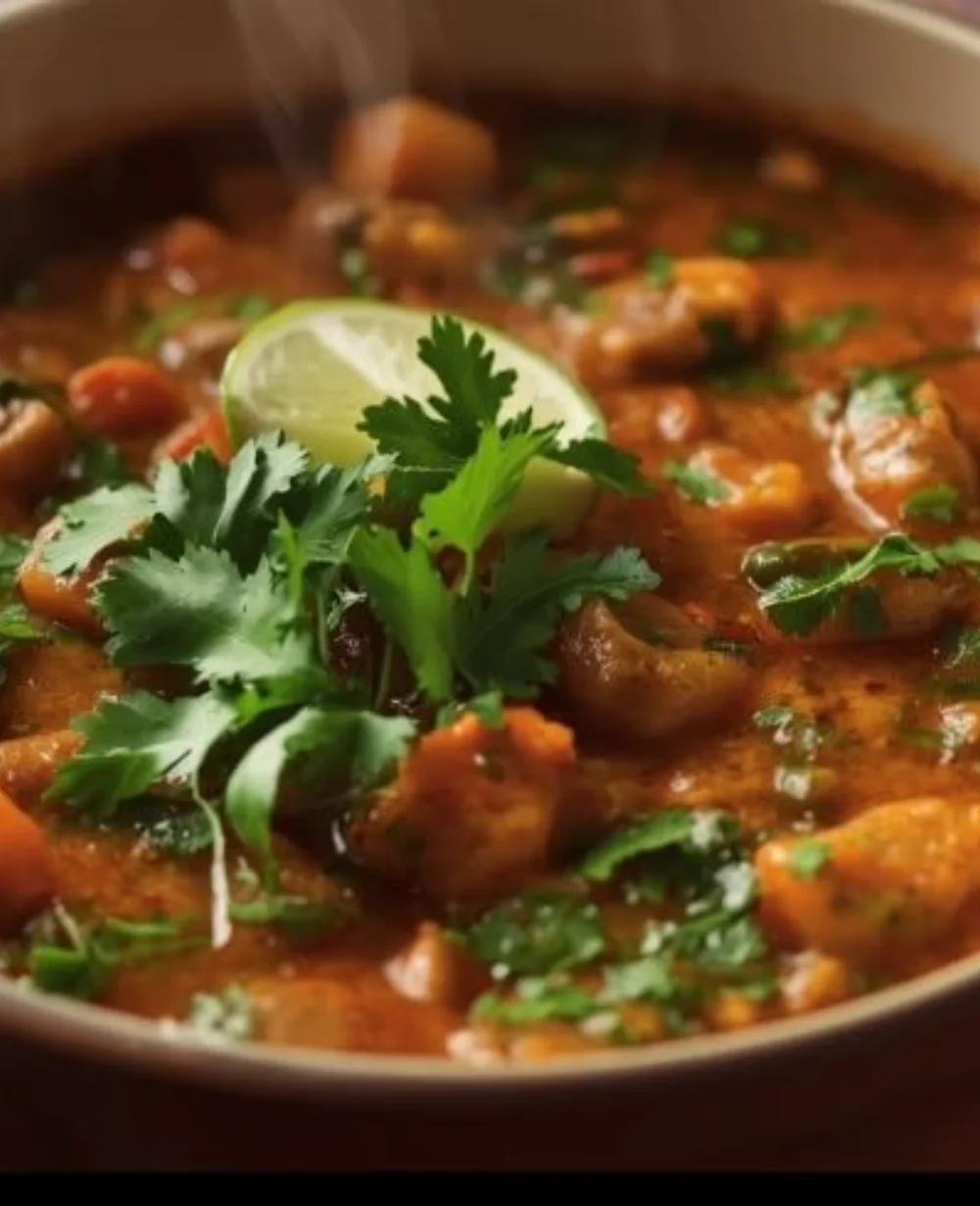 Bowl of spicy Hatch Green Chile Stew topped with fresh cilantro and diced onions.