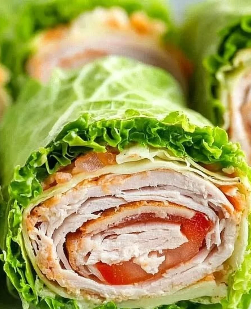 Healthy lettuce wrap sandwich filled with colorful vegetables and lean protein