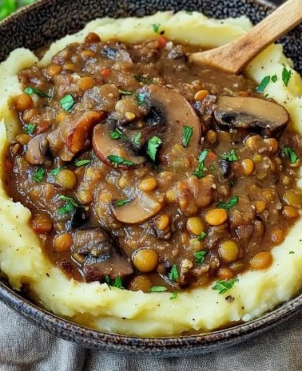 Bowl of hearty lentil stew filled with vegetables and spices