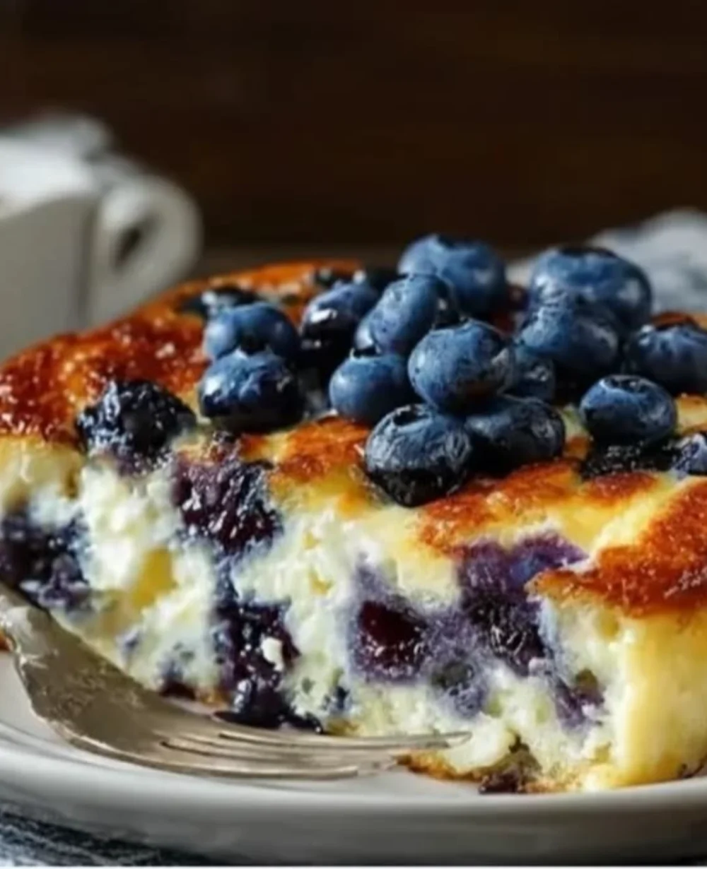 High-protein blueberry cottage cheese breakfast bake topped with fresh blueberries