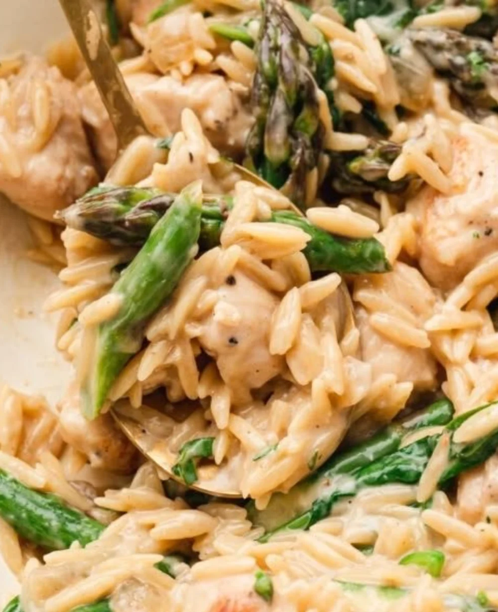 High protein chicken orzo dish garnished with fresh herbs