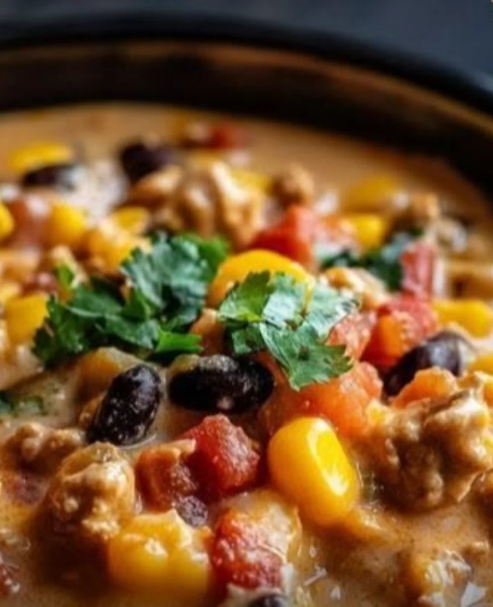 Bowl of high protein creamy taco soup topped with cheese and cilantro
