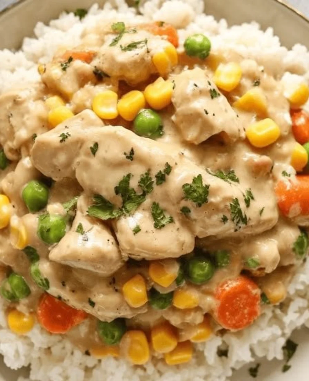 High protein crustless chicken pot pie with vegetables and spices