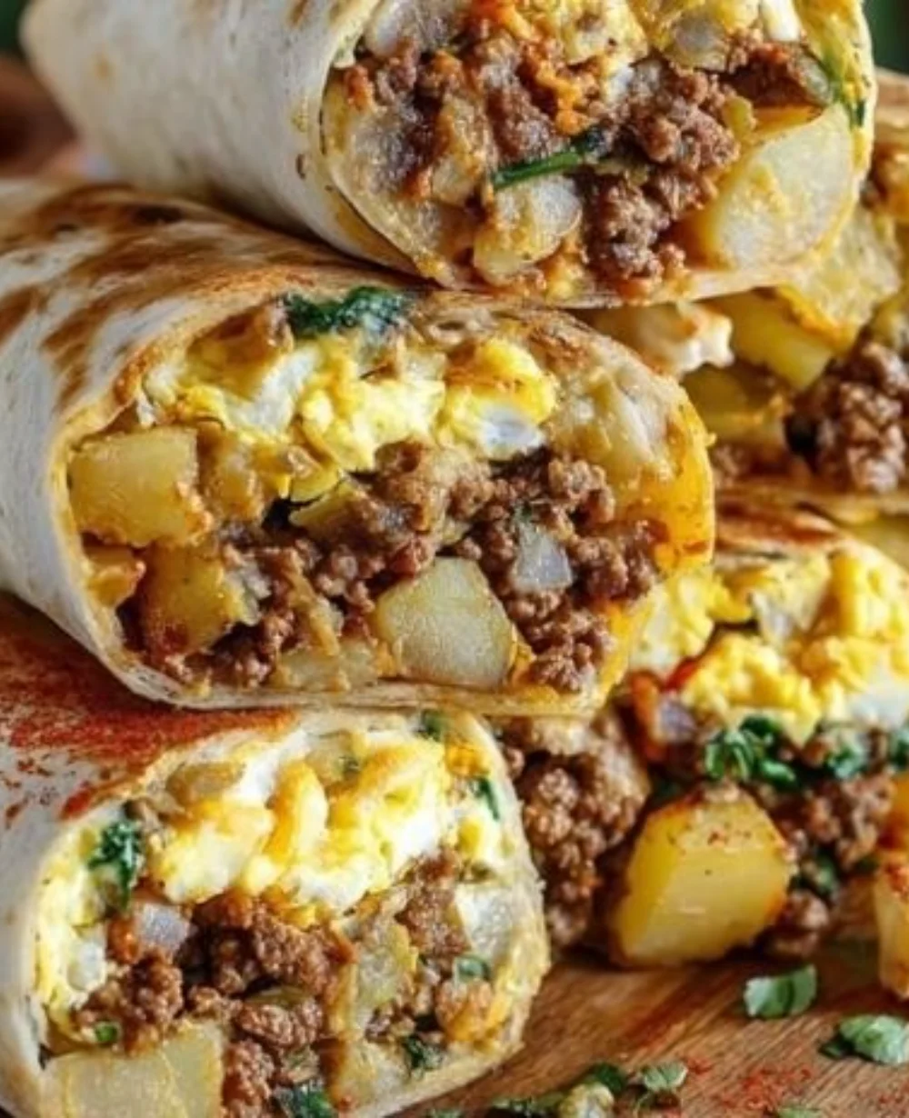 High-protein loaded breakfast burritos with eggs, beans, and vegetables