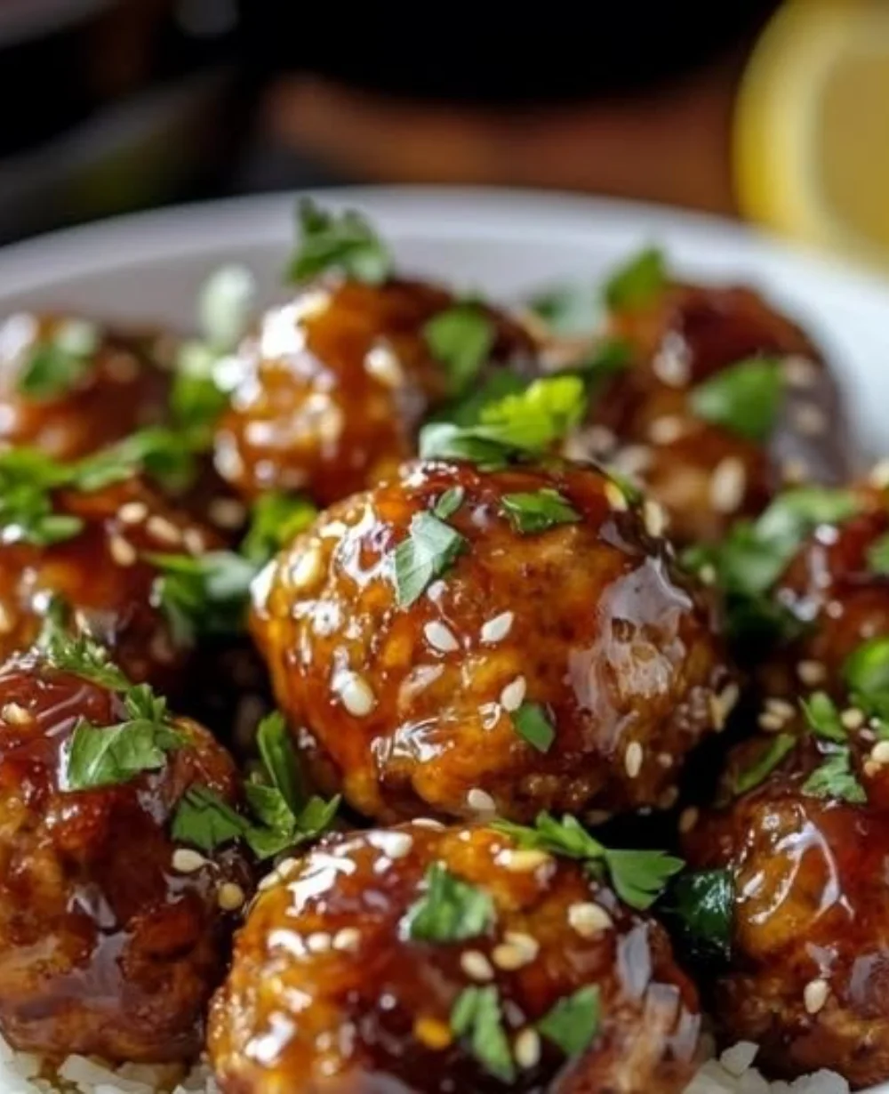 Delicious honey garlic turkey meatballs served on a plate with sauce