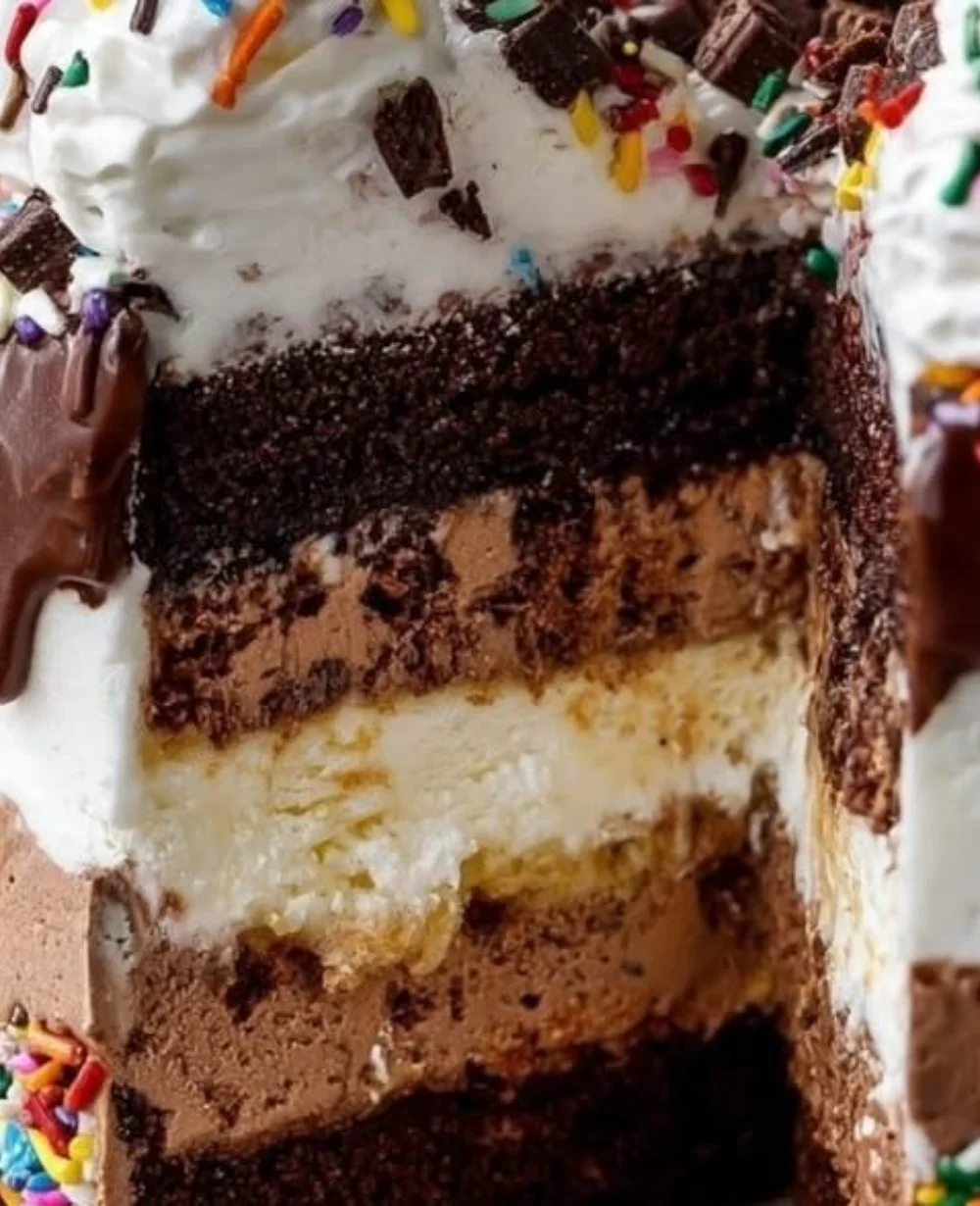 Delicious ice cream cake with layered flavors and toppings