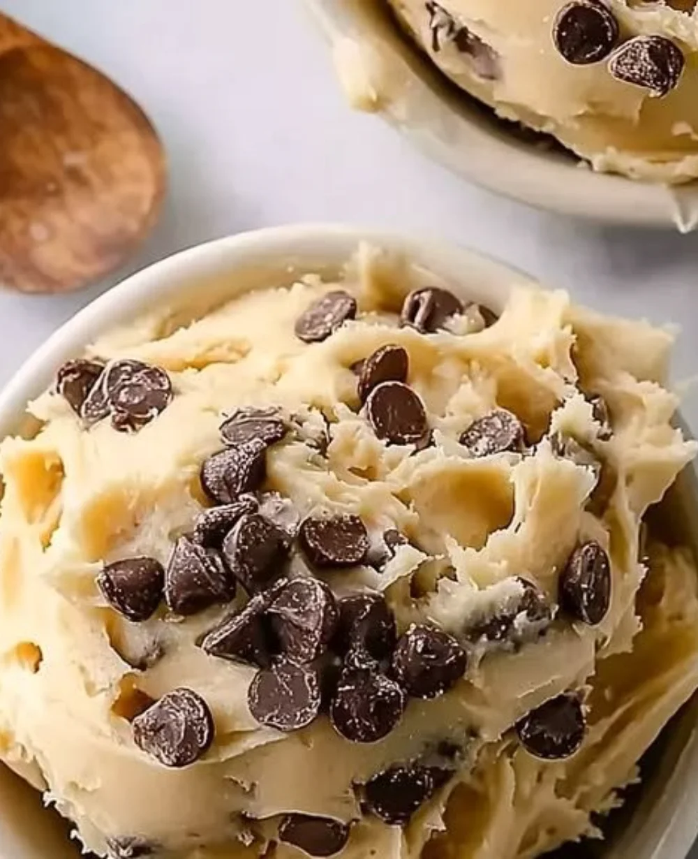 Bowl of irresistible Greek yogurt cookie dough with chocolate chips