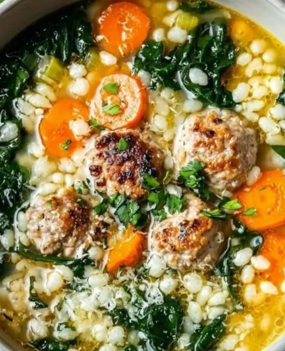 Bowl of Italian Wedding Soup with meatballs and greens