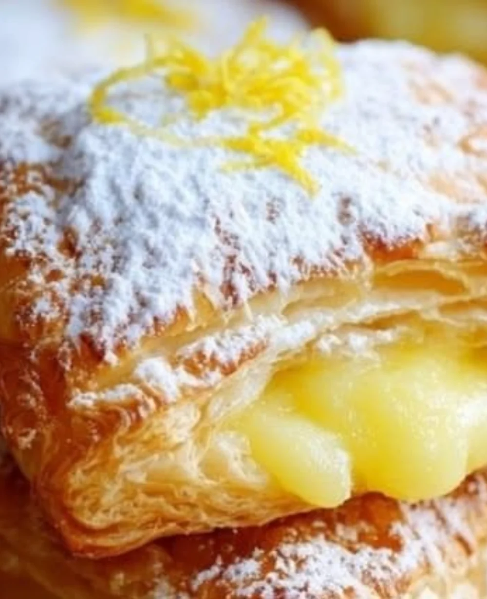 Lemon puff pastry dessert topped with fresh lemon zest and powdered sugar