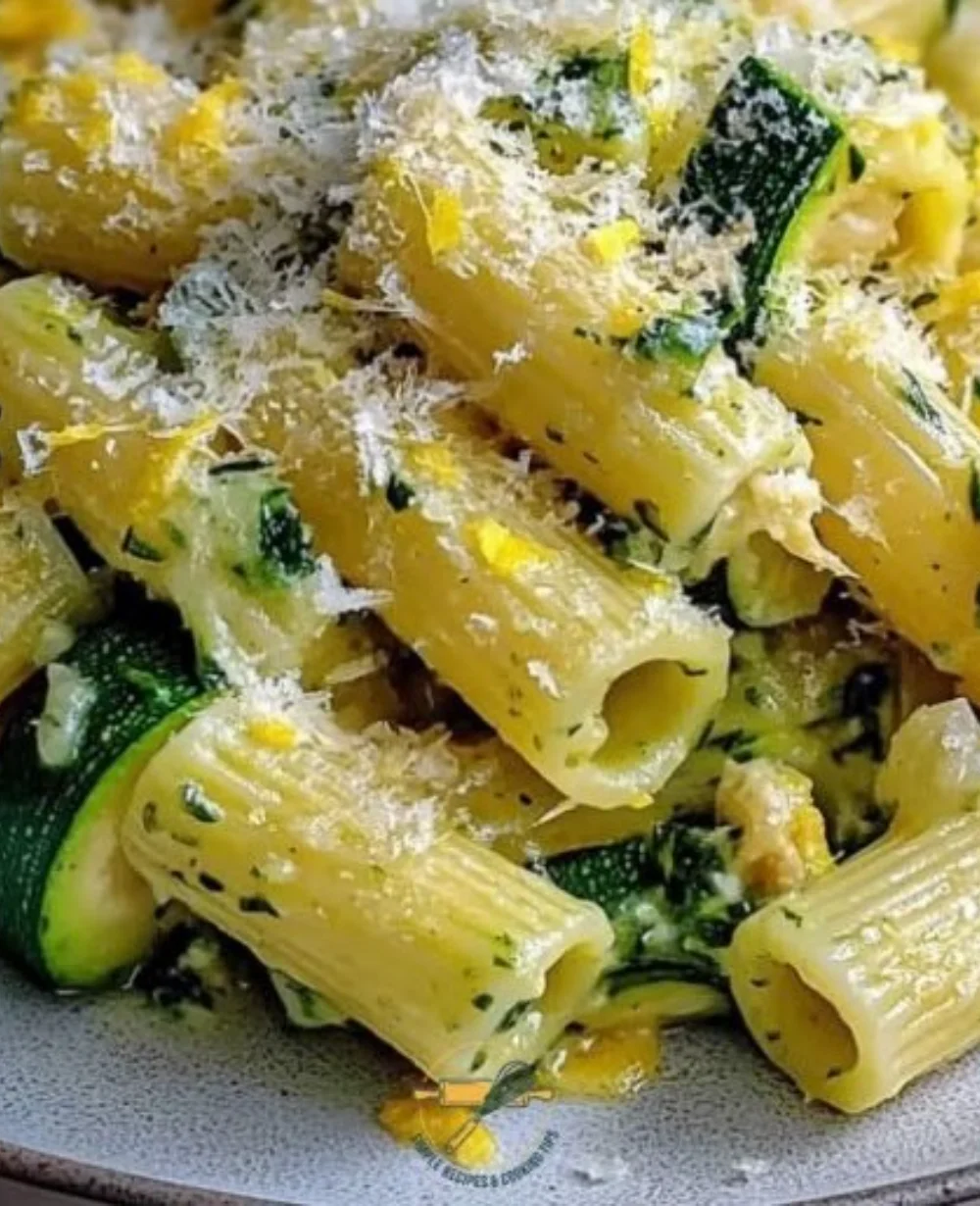Lemon Zucchini Rigatoni served with fresh herbs and lemon zest