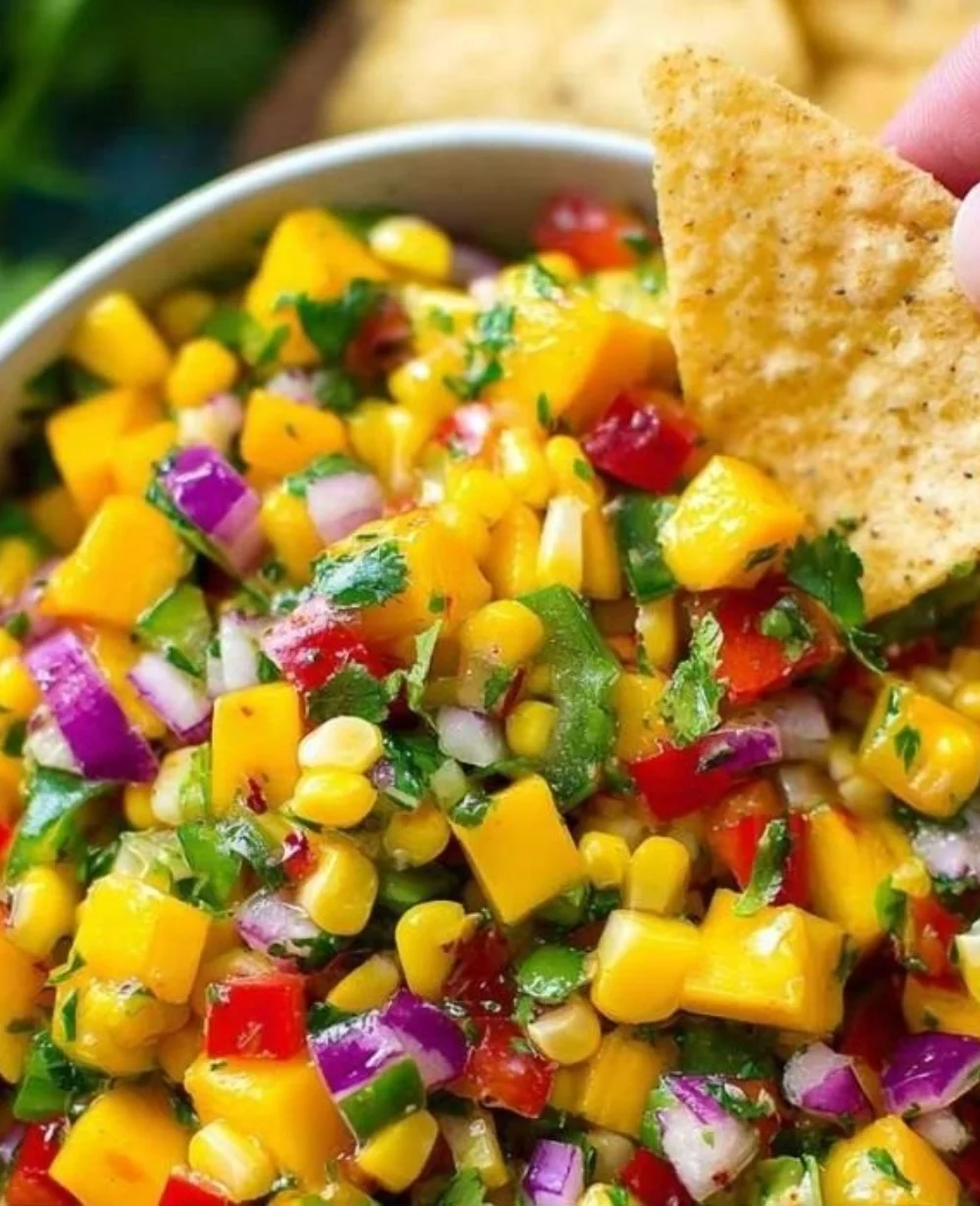 Bowl of vibrant mango corn salsa with fresh ingredients.