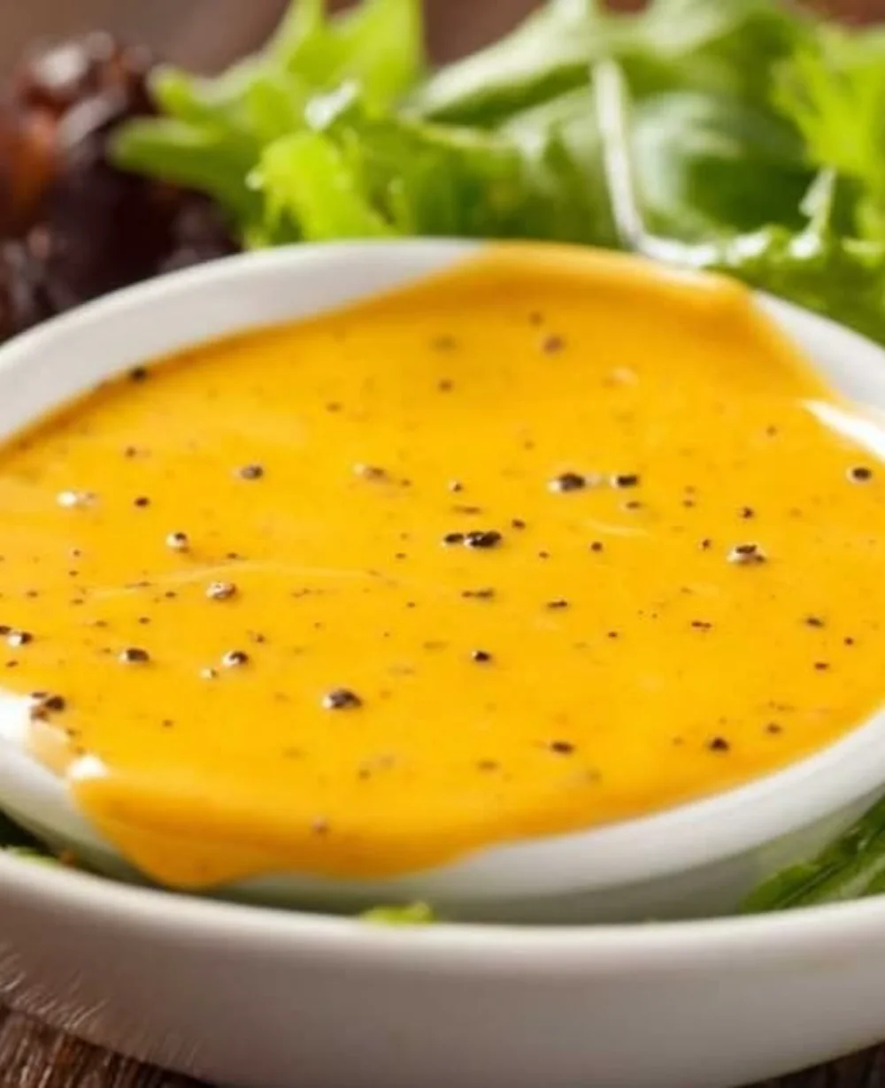 Mango Vinaigrette Dressing poured over a fresh salad