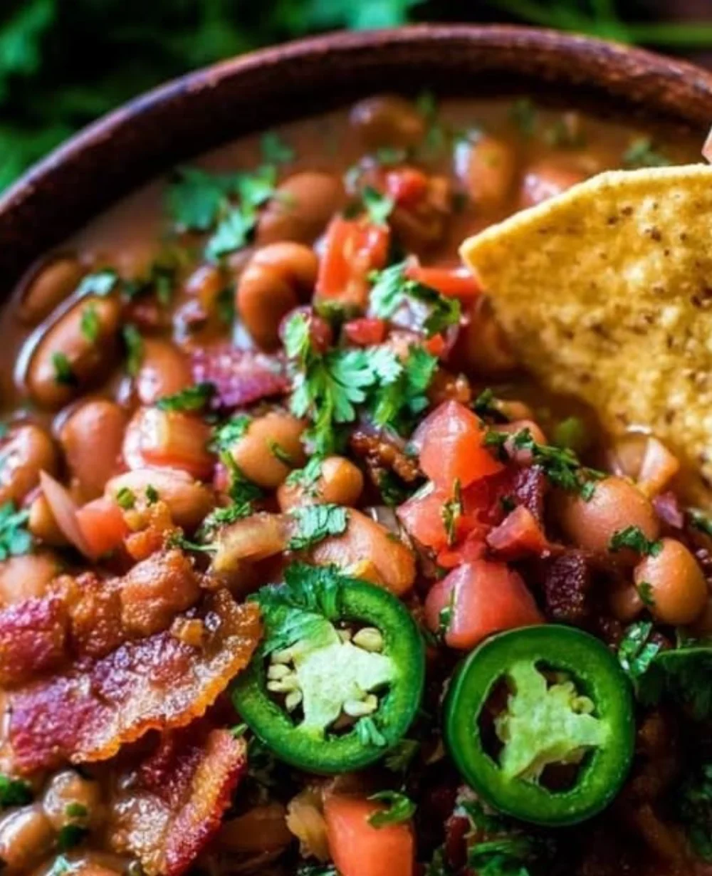 Delicious Mexican Charro Beans dish served in a bowl with spices and toppings.
