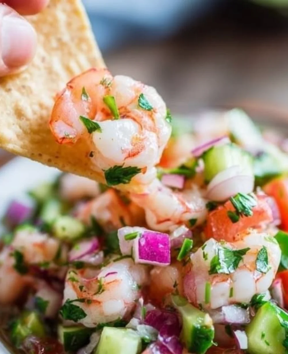 Bowl of Mexican shrimp ceviche with lime, cilantro, and vegetables